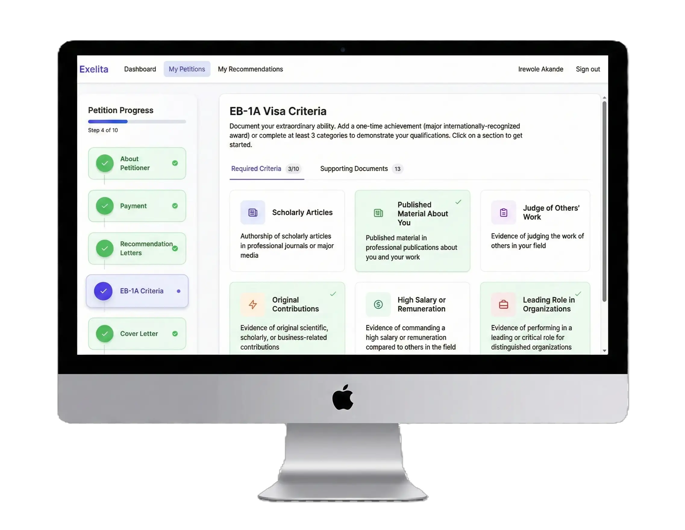 Exelita EB-1A petition builder dashboard showing petition progress tracking and visa criteria management on an iMac