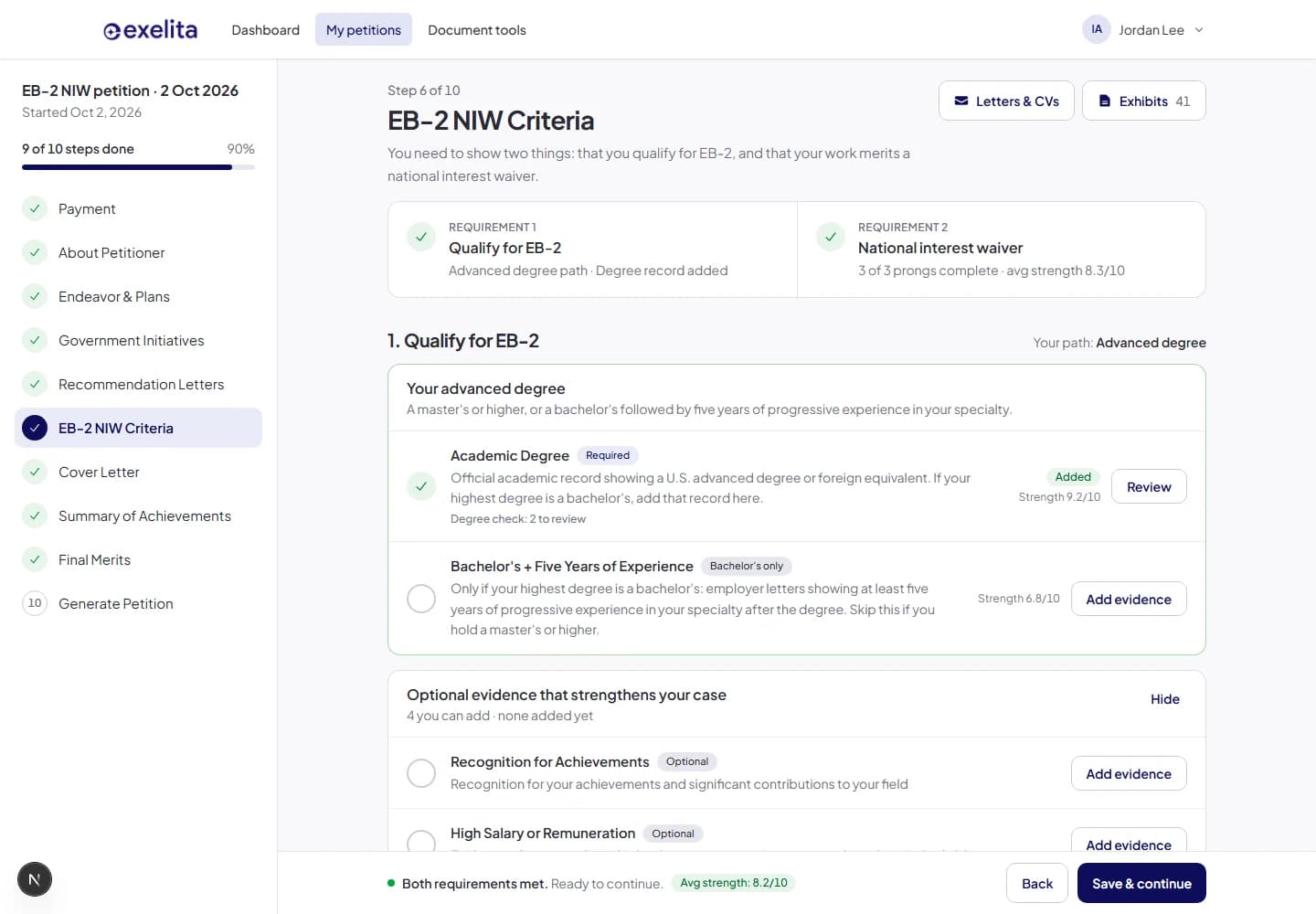 EB-2 NIW criteria workspace showing qualification and national interest waiver progress