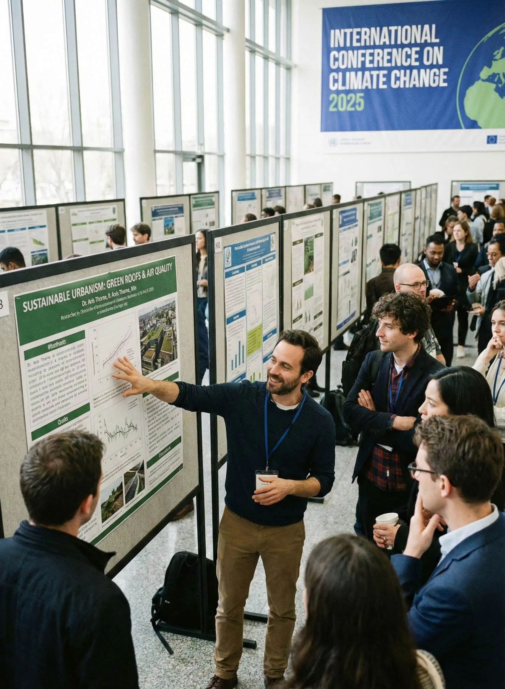 Professionals collaborating at an international conference, presenting research to colleagues