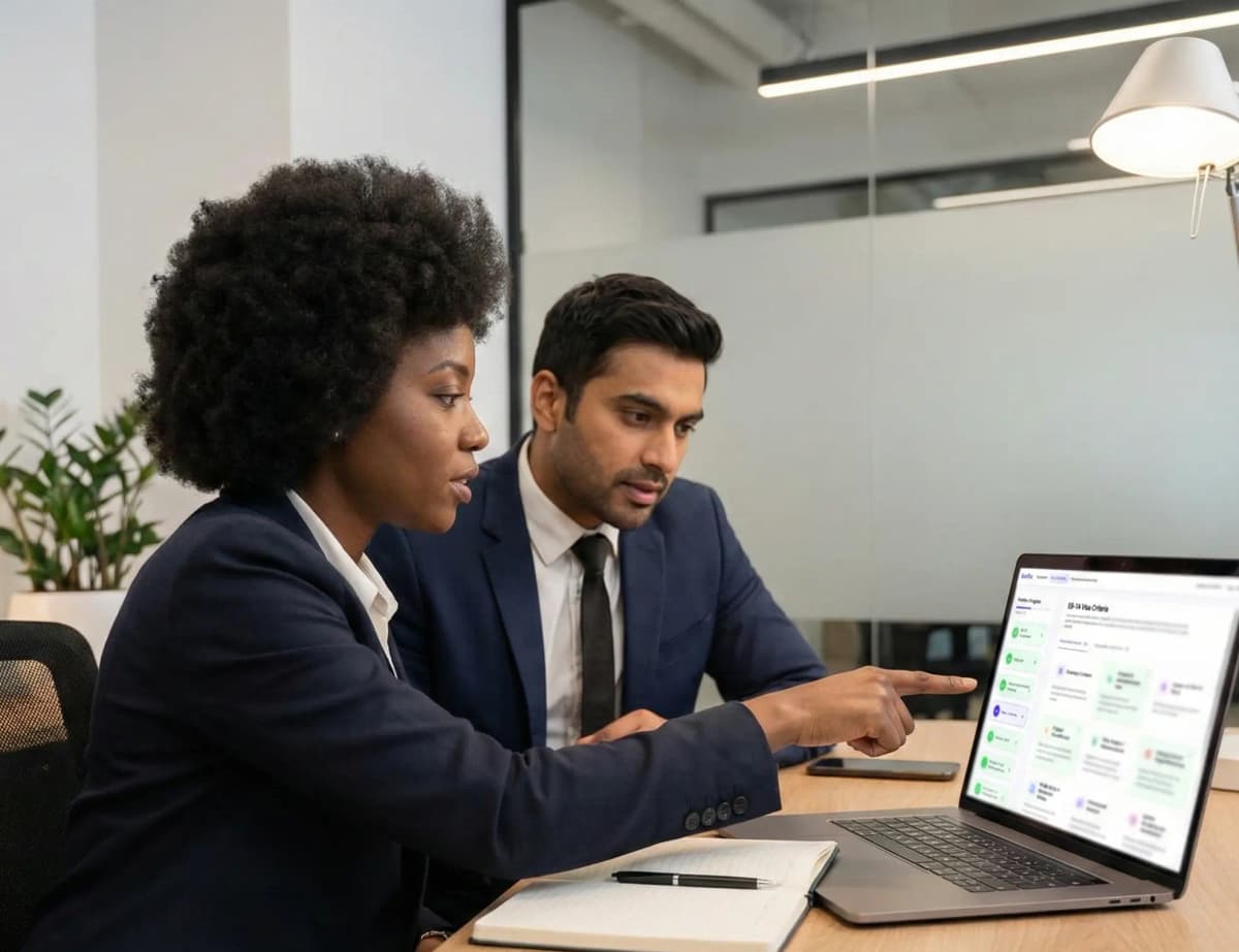 Professionals analyzing EB-1A visa criteria on Exelita dashboard