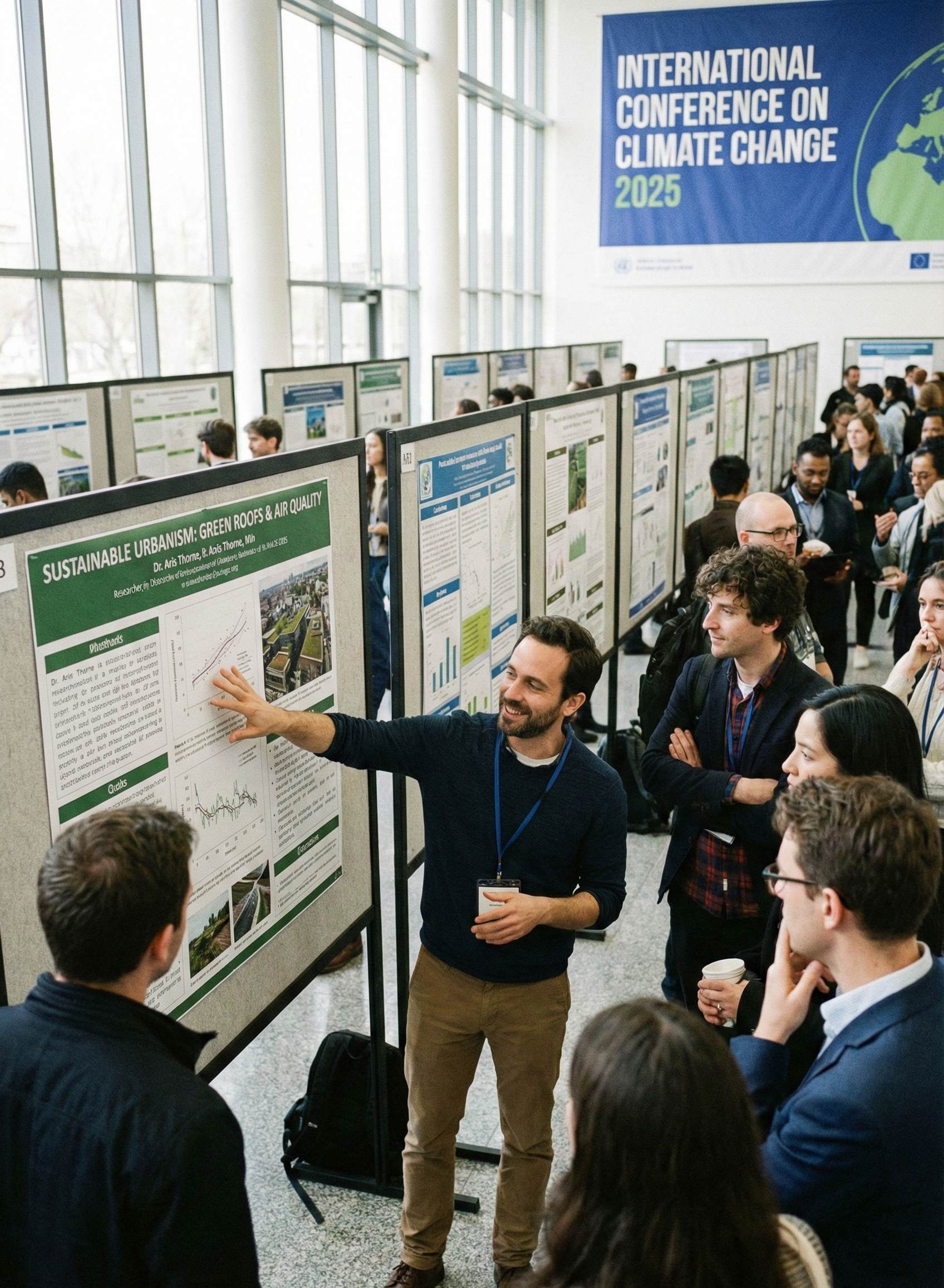 Professionals collaborating at an international conference, presenting research to colleagues